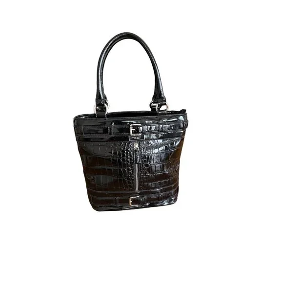 Kate Spade New York Black Croc-Embossed Patent Leather Tote Handbag 10x8x4